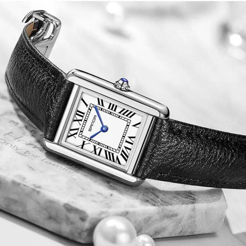 Square Timepiece in Stainless Steel and Black Leather | Solstice